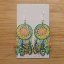Load image into Gallery viewer, Green,yellow,orange,red,blue dreamcatcher earrings
