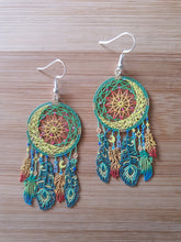Load image into Gallery viewer, Green,yellow,orange,red,blue dreamcatcher earrings

