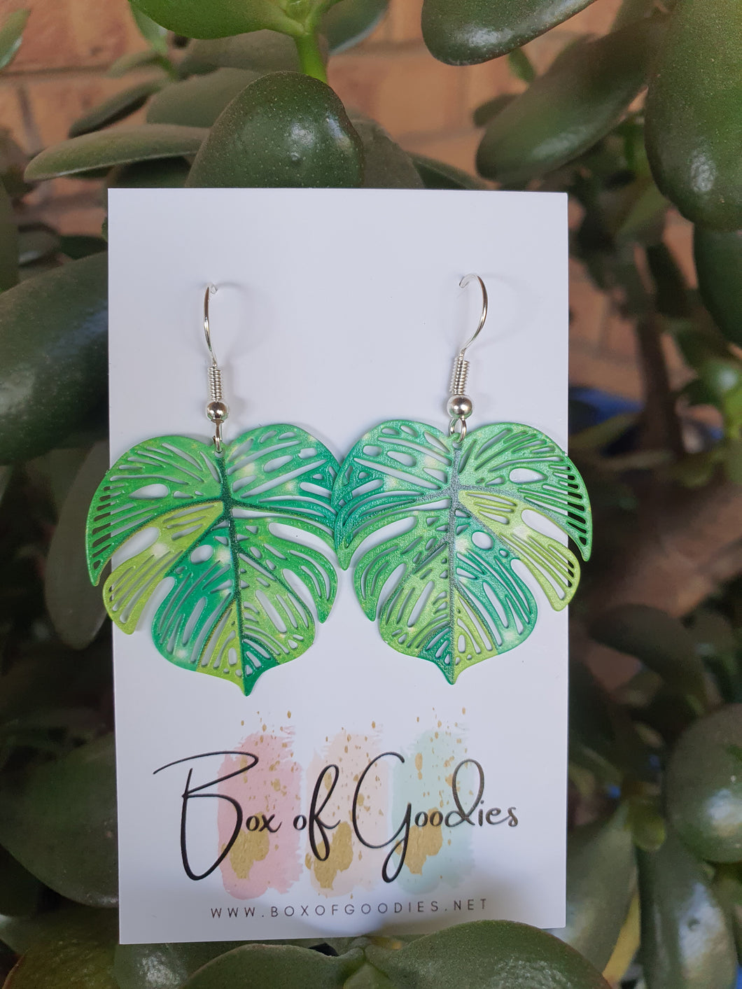 Rainbow green monstera earrings